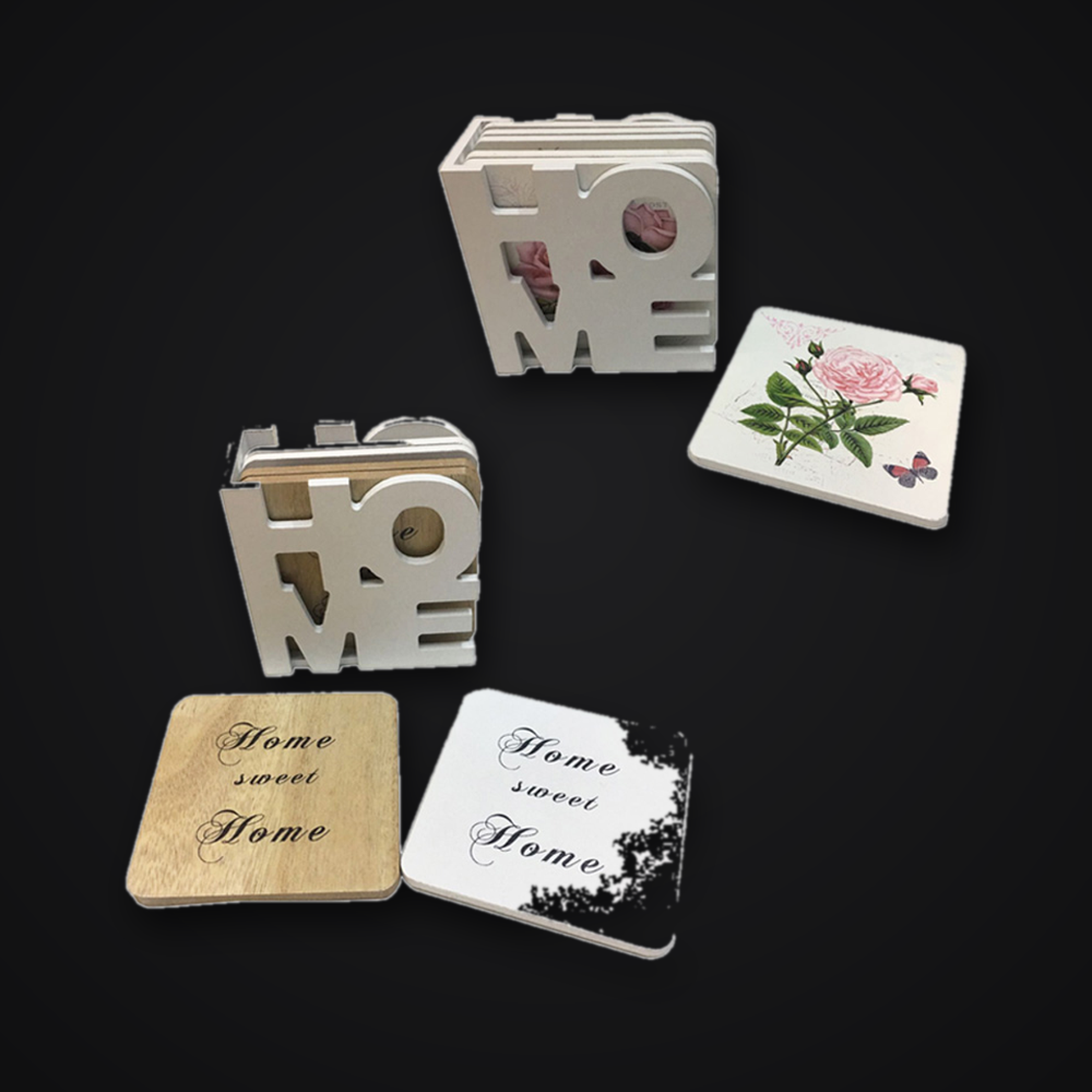 Wooden Coaster Set — Home (Assorted Design)