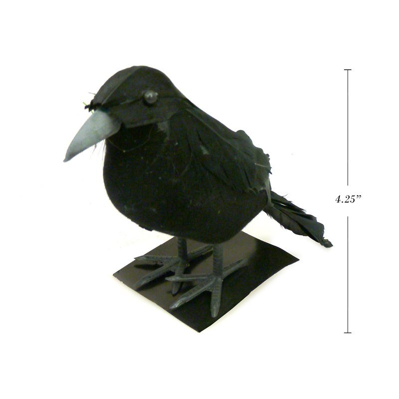 Halloween Flocked Black Crow with Feathers 7.3cmH