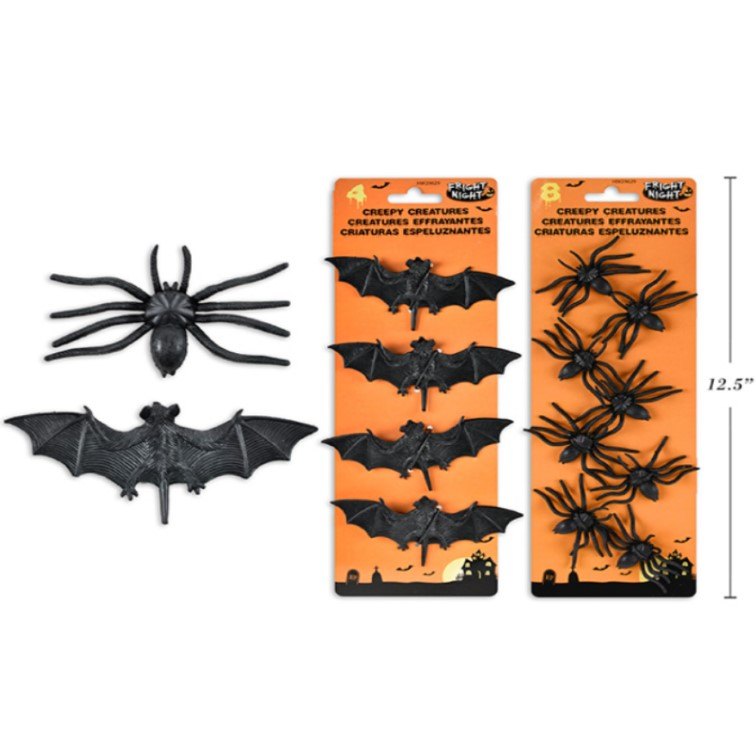 Halloween Creepy Creatures 2 Assorted 8pk 6.5cm Spiders/4pk 11.43cm Bat