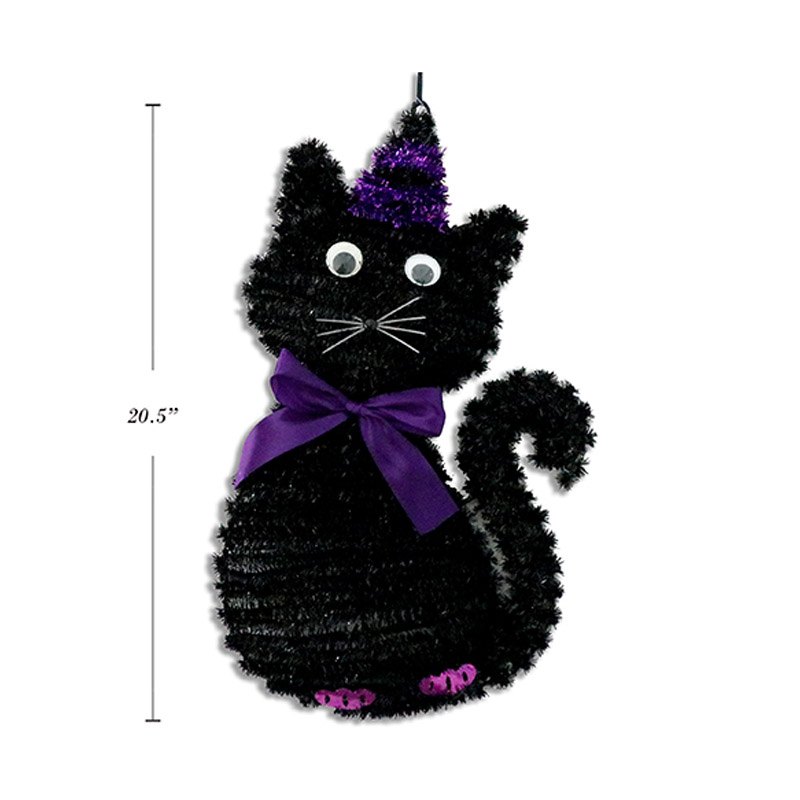 Halloween Tinsel Black Cat with Witch Hat & Ribbon Bow 52x30cm