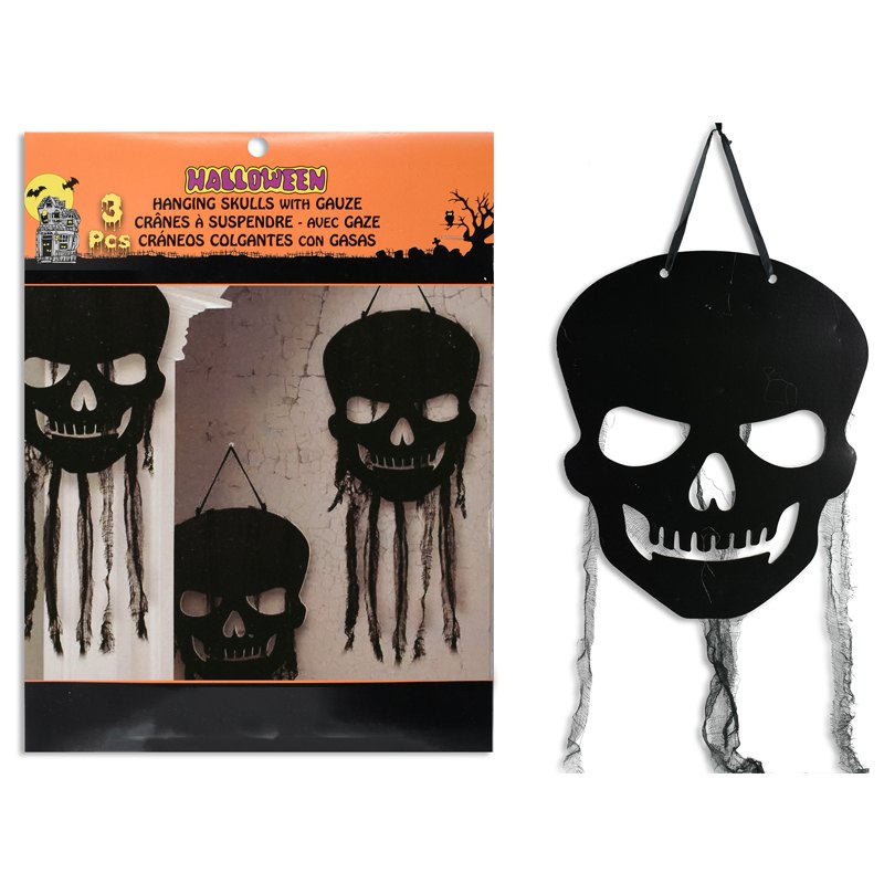 Halloween Skull Hanging Paper Plaque with Gauze Strips 3pk 29cm