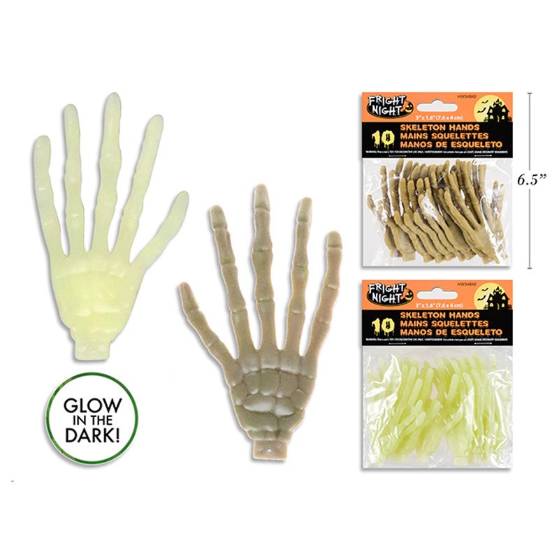 Halloween Skeleton Hands 10pk 7.6x4cm 2 Assorted Glow-in-the-Dark / Grey