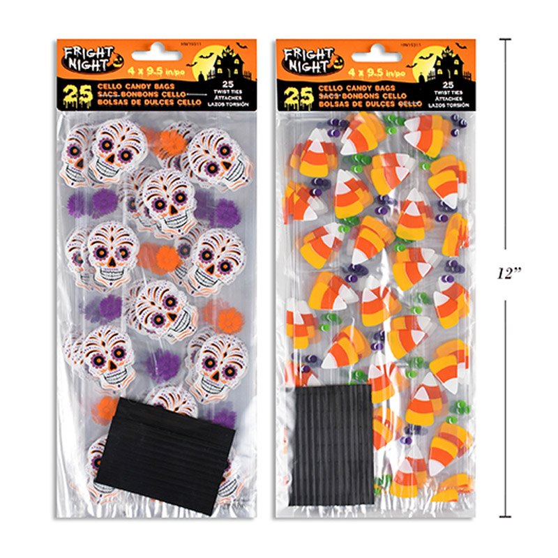 Halloween Cello Candy Bags 24x10cm 25pk with Twist Ties 2 Assorted