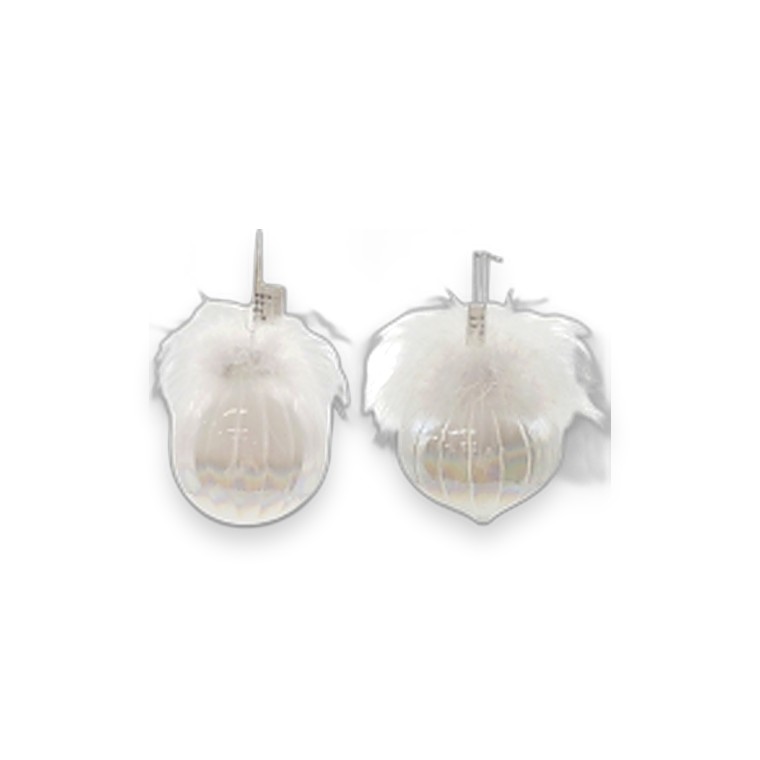 Pearl White W/feather Glass Bubble 8cm 2asst