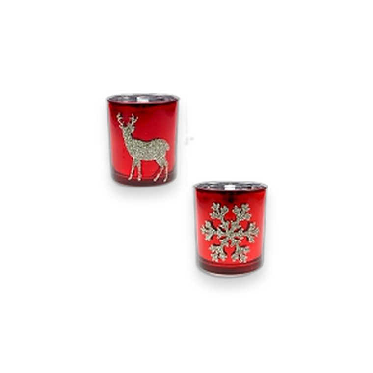 Xmas Candle Holder Glass Mirrored Red Gold Glitter 3ASST 6X8CM