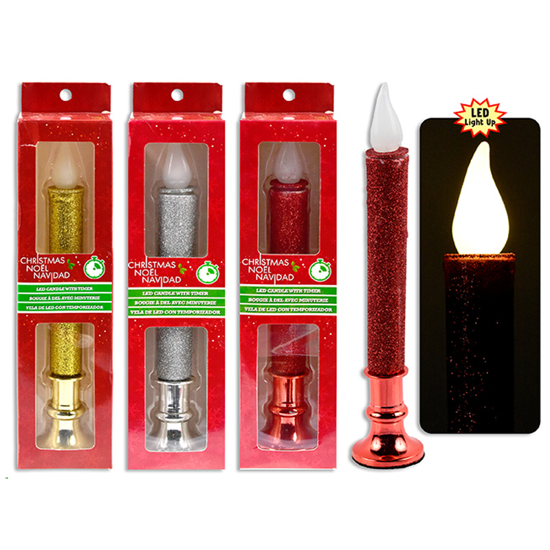 Xmas Candle LED Glitter 23cm 3Cols 2xAA not included